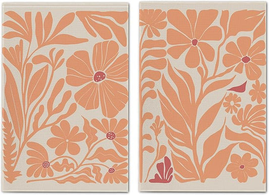 Boho Floral Dish Towels Vintage Abstract Flowers Waffle Weave Orange Flower