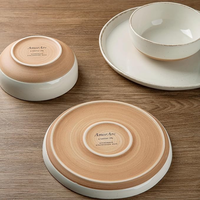 AmorArc 32 Pieces Ceramic Dinnerware Sets for 8, Handpainted Plates and Bowls Set with Rustic Terracotta Underside, Scratch Resistant Stoneware Dishes Set, Dishwasher & Microwave Safe, Light Beige