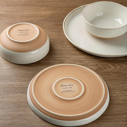 AmorArc 32 Pieces Ceramic Dinnerware Sets for 8, Handpainted Plates and Bowls Set with Rustic Terracotta Underside, Scratch Resistant Stoneware Dishes Set, Dishwasher & Microwave Safe, Light Beige