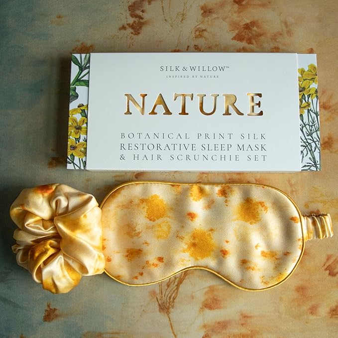 Silk & Willow 100% Pure Mulberry Silk Sleep Eye Mask & Hair Scrunchie Gift Set (Marigold Yellow)
