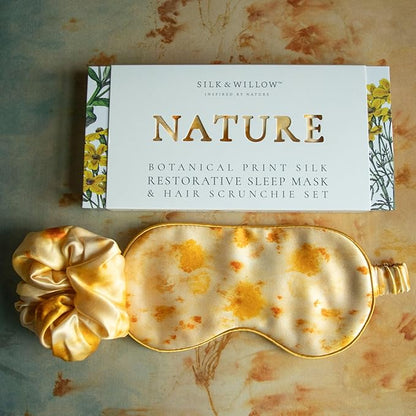 Silk & Willow 100% Pure Mulberry Silk Sleep Eye Mask & Hair Scrunchie Gift Set (Marigold Yellow)