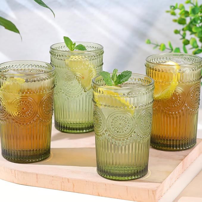 Vintage Glassware Drinking Glasses Set of 4-13 oz Green Highball Glasses Water Tumbler, Embossed Glassware Cups for Juice, Beer, Cocktail, Whiskey, Various Mixed Drinks