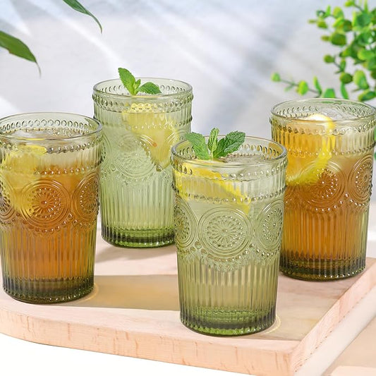 Vintage Glassware Drinking Glasses Set of 4-13 oz Green Highball Glasses Water Tumbler, Embossed Glassware Cups for Juice, Beer, Cocktail, Whiskey, Various Mixed Drinks