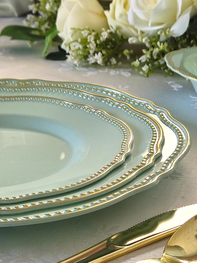 " OCCASIONS " 50 Plates Pack (25 Guests)-Heavyweight Wedding Party Disposable Plastic Plate Set -25 x 10.25'' Dinner + 25 x 7.5'' Salad/dessert plates (Rochelle Seafoam/Mint and Gold))