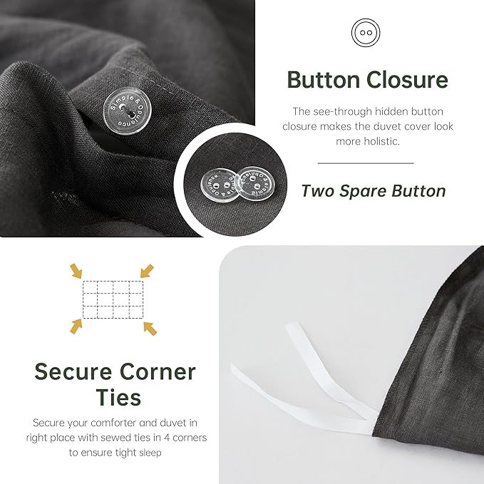 Simple&Opulence 100% Linen Duvet Cover Set, 3 PCS Natural French Flax Dark Grey Duvet Cover King Size, Breathable Soft Comfy Linen Bedding Comforter Cover with 2 Pillowcases(Dark Grey, 104"x92")