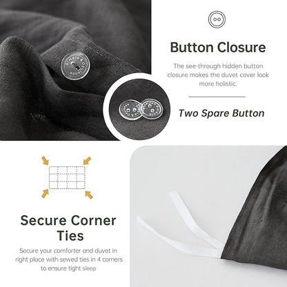 Simple&Opulence 100% Linen Duvet Cover Set, 3 PCS Natural French Flax Dark Grey Duvet Cover King Size, Breathable Soft Comfy Linen Bedding Comforter Cover with 2 Pillowcases(Dark Grey, 104"x92")