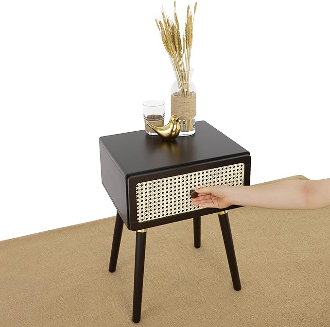 Bme Nipe Black Solid Wood Rattan Woven Cane End Table Bedside Table for Modern Bedroom Boho Living Room