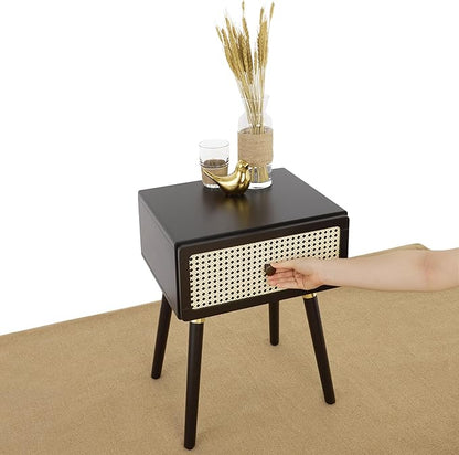 Bme Nipe Black Solid Wood Rattan Woven Cane End Table Bedside Table for Modern Bedroom Boho Living Room