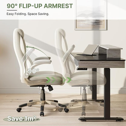 EUREKA ERGONOMIC Galene Executive Office Chair Flip Up Arm Rest, Ergonomic Desk Chair Faux Leather Computer Chair, High Back Office Chair with Headrest, Home Desk Chairs with Wheels, Beige