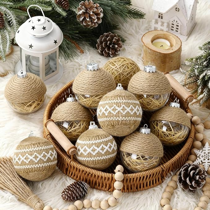 XmasExp Christmas Ball Ornaments Set, Farmhouse Shatterproof Christmastree Decorations,12ct Large Plastic Hanging Ornaments, 70mm/2.76",Flaxen