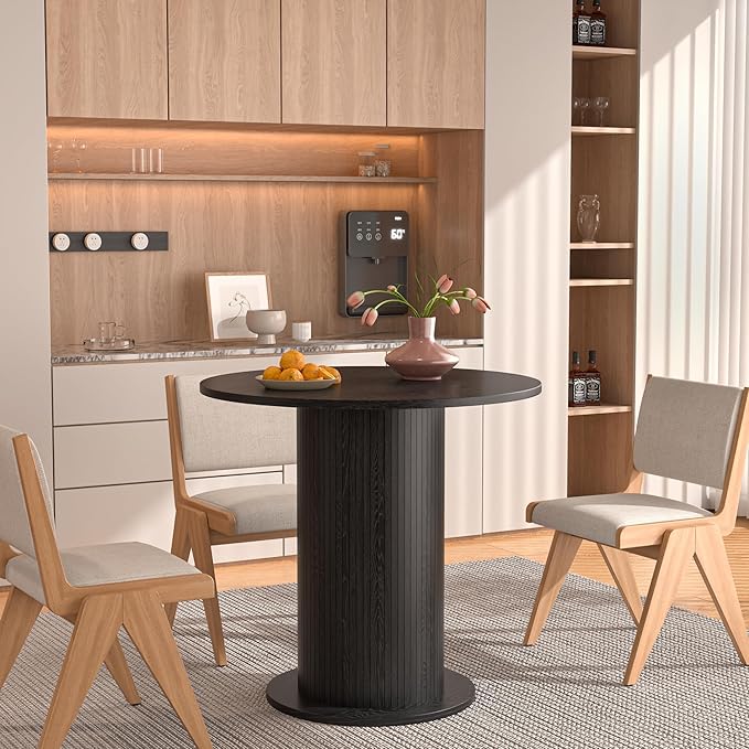 31.5 inch Round Dining Table for 2, Modern Farmhouse Kitchen Table, Small Circle Dining Tables with Wood Strip Base for Kitchen Living Room (Black)