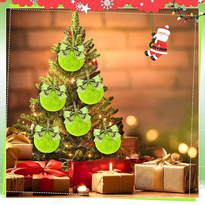 Norme 24-Pack Lime Green Furry Christmas Balls with Bow, 4" Soft Faux Fur Plush Pom Pom Ball Ornaments for Christmas Tree Hanging Decorations Party Fireplace Mantel Wall Decor(Candy Cane)