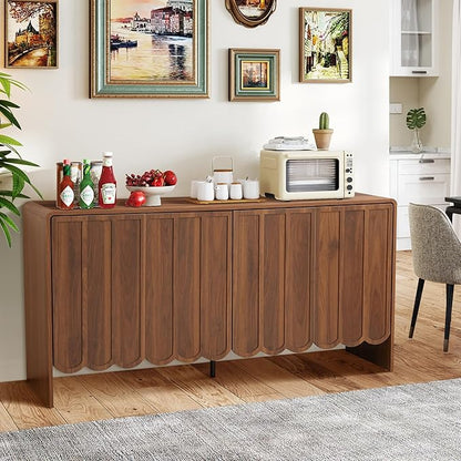 ORRD Sideboard Buffet Cabinet, Accent Storage Cabinets with 4 Doors, Farmhouse Wood Cabinet with Adjustable Shelves and Wave Panel for Living Room, Dining Room, Entry - Walnut