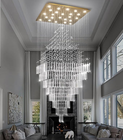W47 x H120 Luxury Crystal Chandelier with LED Bulbs Glam Raindrop High Ceiling Square Light Chandeliers for Entrance Large Villa Foyer Living Room Lighting Fixtures Gold