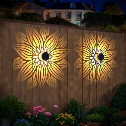 Solar Fence Lights 2 Pack Outdoor Deck Step Wall Lights Metal Waterproof LED Warm Yellow Light for Garden Post Patio Backyard Yard Decor (Flower, 2)