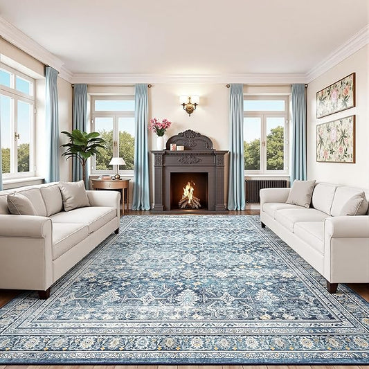 Lofus 9x12 Area Rug for Living Room,Blue Washable Area Rugs with Non-Slip Backing,Soft Boho Carpets for Bedroom Dining Room Home Office Indoor Nursery