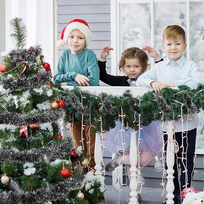 WILLBOND 50 ft Christmas Tinsel Garland Metallic Tinsel Twist Garland Christmas Tree Decorations New Year Wedding Birthday Hanging Decorations Party Supplies, 3 Inch(Black)