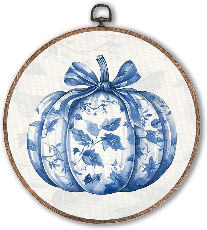 Hxlac Chinoiserie Pumpkin Fall Round Wall Art Framed, Blue and White Porcelain Pumpkin Round Wall Decor, Autumn Halloween Hanging Canvas Prints Wall Sculptures for Home Room Decor, 10x10 Inch