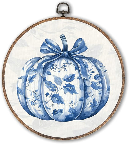 Hxlac Chinoiserie Pumpkin Fall Round Wall Art Framed, Blue and White Porcelain Pumpkin Round Wall Decor, Autumn Halloween Hanging Canvas Prints Wall Sculptures for Home Room Decor, 10x10 Inch