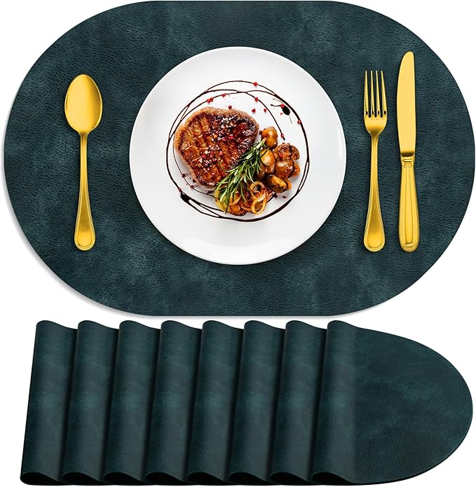 ADRIMER Placemats, Heat Resistant Oval Placemats Set of 8 Washable 12 x 17 Inch, Waterproof Table Mats, Wipeable Pu Place Mats for Kitchen, Dining Room, Dark Blue