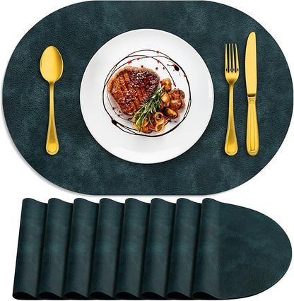 ADRIMER Placemats, Heat Resistant Oval Placemats Set of 8 Washable 12 x 17 Inch, Waterproof Table Mats, Wipeable Pu Place Mats for Kitchen, Dining Room, Dark Blue