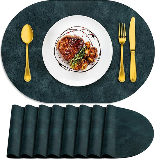 ADRIMER Placemats, Heat Resistant Oval Placemats Set of 8 Washable 12 x 17 Inch, Waterproof Table Mats, Wipeable Pu Place Mats for Kitchen, Dining Room, Dark Blue