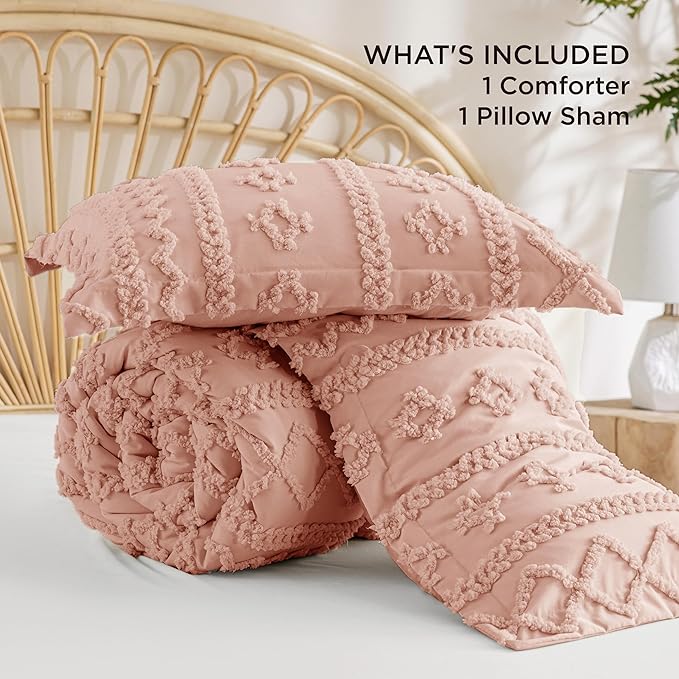 Bedsure Tufted Boho Comforter Set Twin Size - Pink Boho Bed Set, GentleSoft™ 2 Pieces Farmhouse Shabby Chic Embroidery Bedding, Gifts for Woman, Soft Jacquard Twin Comforter for All Seasons