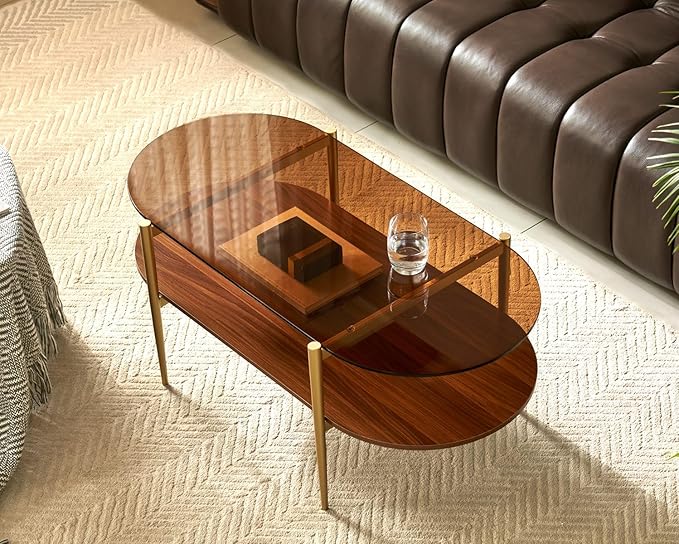 AGV LIGHTING Oval Rectangle Coffee Table with Amber Brown Glass Top, Mid-Century Modern Coffee Table, Walnut Wood Shelf and Gold Metal Legs, Capsule Shape 2 Tier Coffee Table for Living Room, 42 Inch