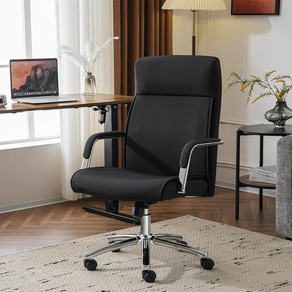 Mid-Back Ergonomic Leather Office Chair, Modern Upholstered Executive Desk Chair with Gold Frame Armrest Computer Task Chair (Obsidian Black)