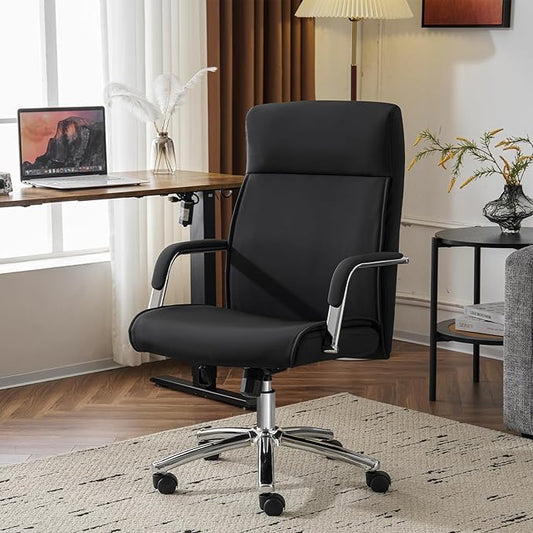 Mid-Back Ergonomic Leather Office Chair, Modern Upholstered Executive Desk Chair with Gold Frame Armrest Computer Task Chair (Obsidian Black)
