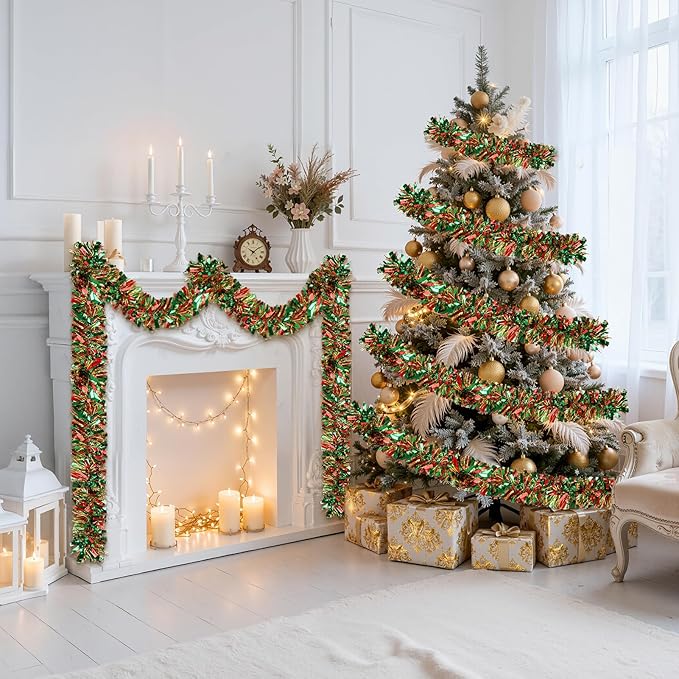 50FT Christmas Tinsel Garland, Red Green&Gold Metallic Twist Shiny Hanging Garland Ornaments for Christmas Tree, Party Supplies Thick Metallic Xmas Streamers