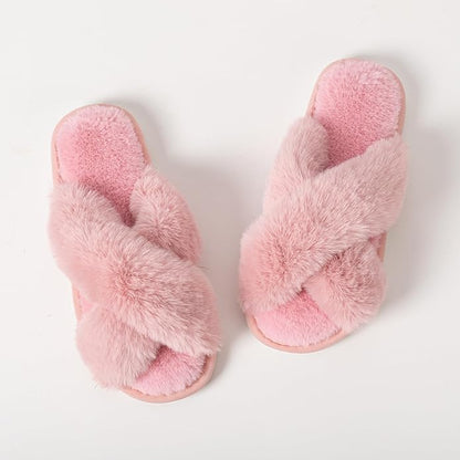 Women's Slipper Memory Foam Cross Band Fuzzy Slippers Open Toe Cozy House Slippers Cozy Plush Bedroom Indoor Outdoor