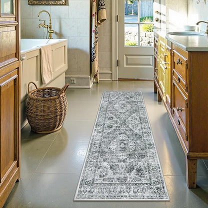 Uphome Bathroom Rugs Runner, Distressed Farmhouse Boho Gray Bath Mat, Non Slip Washable Long Bath Rugs, Vintage Traditonal Soft Velvet Bathroom Runner for Bathtub Sink Shower, 20x60 inch