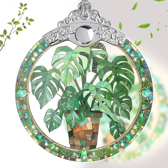 Monstera Leaf Stained Glass Christmas Ornament, Hanging Ornaments for Christmas Tree Decorations, Xmas Presents