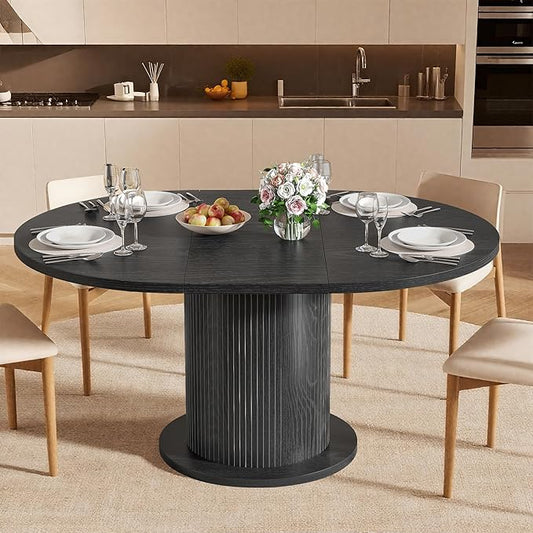 59 inch Round Dining Table for 6, Modern Farmhouse Kitchen Table, Circle Dining Tables with Wood Strip Base for Kitchen Living Room (Big Adjustable Black)