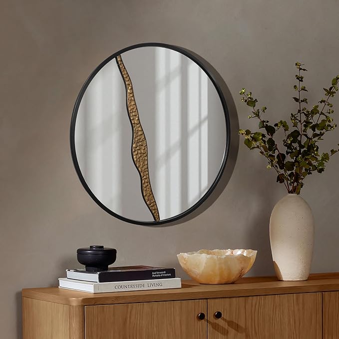 LuxenHome 30" Round Wall Mirror, Goldrush Black Metal Frame Wall Decor Large Circle Decorative Accent Mirror for Bathroom Bedroom Entryway Living Room Decoration