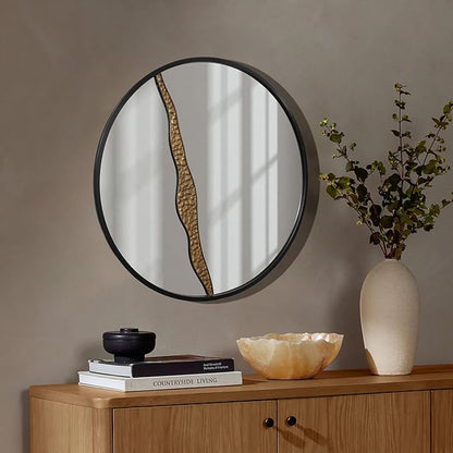 LuxenHome 30" Round Wall Mirror, Goldrush Black Metal Frame Wall Decor Large Circle Decorative Accent Mirror for Bathroom Bedroom Entryway Living Room Decoration