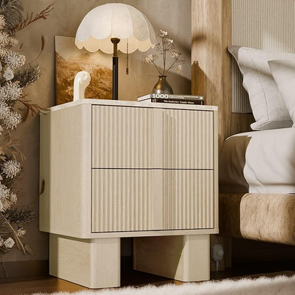 Fluted Night Stand set 2 with Charging Station, 22" Tall END Table with 2 Large Storage Drawers and 2 widened reinforced legs, Modern Bedside Table for Bedroom, Living room, Whitewashed Oak, 2