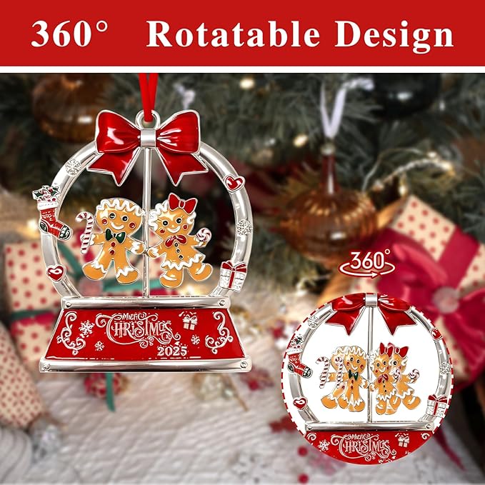 Christmas Gingerbread Couple Ornaments 2025 for Tree Decorations,Dated 2025 Metal Wreath Ornament with Rotatable for Christmas Keepsake Gifts for Grandparents, Kids, Friend