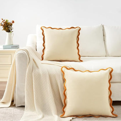 MONDAY MOOSE Decorative Throw Pillow Covers Cushion Cases, Set of 2 Soft Velvet Scalloped Wavy Edge Designs, Mix and Match for Home Decor, Pillow Inserts Not Included (Honey/Cream, 16x16 inch)