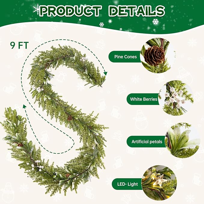 Bluesea 9FT Artificial Norfolk Pine Garland, Real Touch Pine Garland, Faux Christmas Greenery for Table Mantle Fireplace Indoor Outdoor Xmas Decorations (1 Pcs)