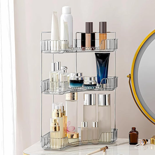 Corner Bathroom Counter Organizer Bathroom Countertop Shelf Makeup Organizer for Vanity Perfume Corner Storage (3 Tiers, Grey)