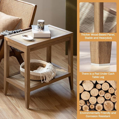 SICOTAS Rattan Nightstands Set of 2 Bedside Table Boho Narrow End Table, Reclaimed Caramel Oak