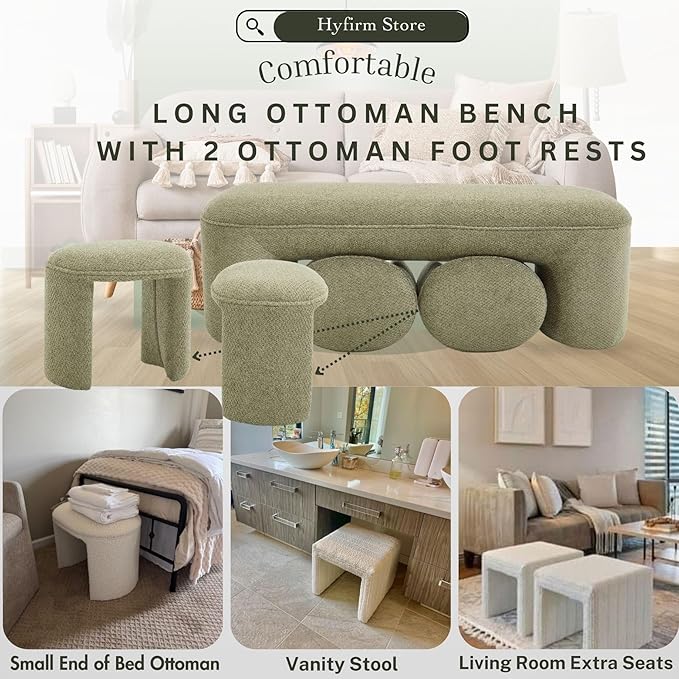 3-Piece Nesting Upholstered Bench with 2 Stools, 53" Chenille Accent Chair Waterfall Bench Modern End of Bed Entryway Bench Bedroom Bench for Living Room Vanity, Green, No Need to Install