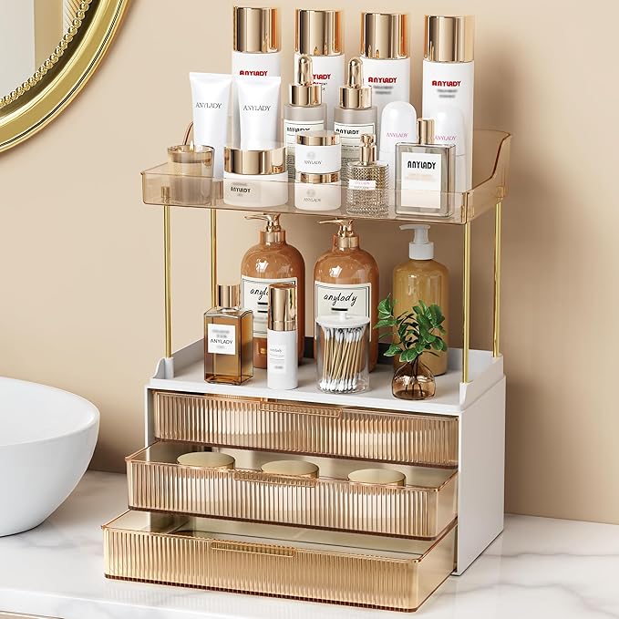 Bathroom Organizers and Storage, Makeup Organizer (Sturdy Durable Attractive), Ideal for Vanity, Countertop, Counter, Perfume, Skincare, Cabinet, Cosmetic, Dresser Organizer (Gold)