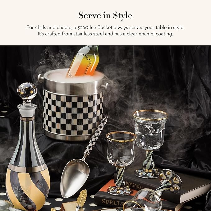 MACKENZIE-CHILDS 3260 Ice Bucket, Decorative Stainless-Steel Bucket and Ice-Cube Bin, Black-and-White Courtly Check