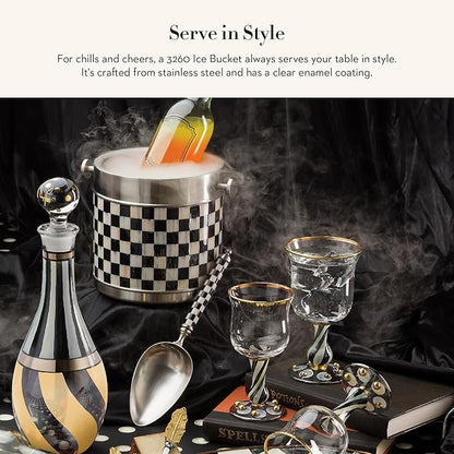 MACKENZIE-CHILDS 3260 Ice Bucket, Decorative Stainless-Steel Bucket and Ice-Cube Bin, Black-and-White Courtly Check