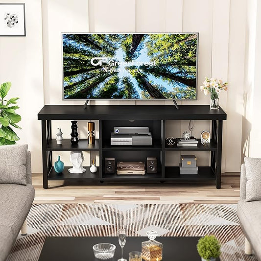 GreenForest TV Stand for TV up to 65 inches, Entertainment Center with 6 Storage Cabinet for Living Room, 55 inch Farmhouse Television Stands Console Table, Industrial TV stands for Living Room, Black