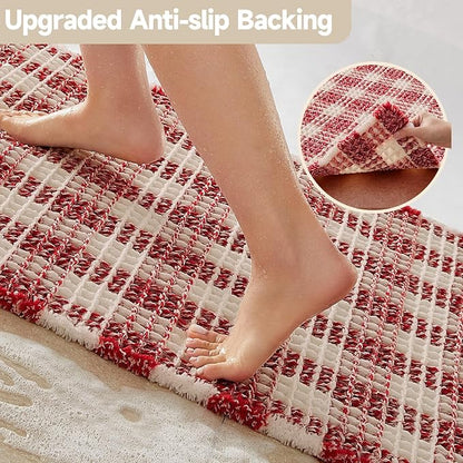 Waffle Runner Rug Bathroom, Long Boho Bathroom Rugs Non Slip Washable Absorbent Checkered Bathroom Mat Quick Dry Cute Bath Mat, 72"x24" Red and White