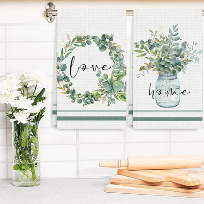 Green Eucalyptus Leaf Kitchen Towels 4 Pack Absorbent Tea Towels 16x24 Inch Dish Towels Green Leaves